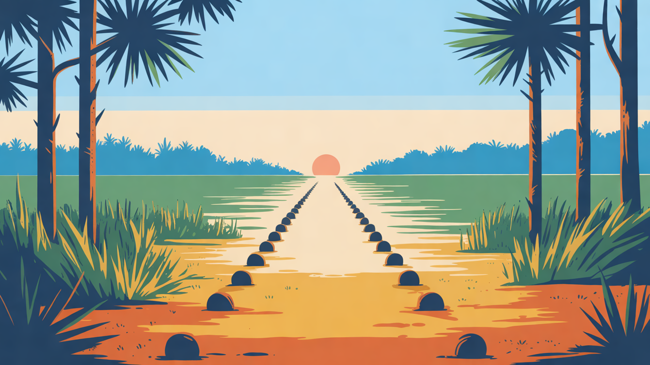 Illustration of a straight path through Florida pine flatwoods, round markers leading to a small lit point on the horizon, in golden hour light