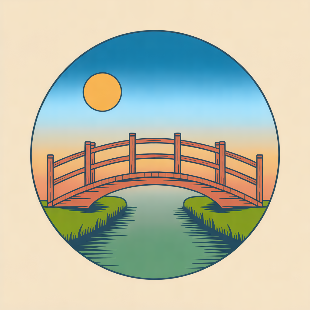Illustration of a wooden footbridge arching over a quiet creek