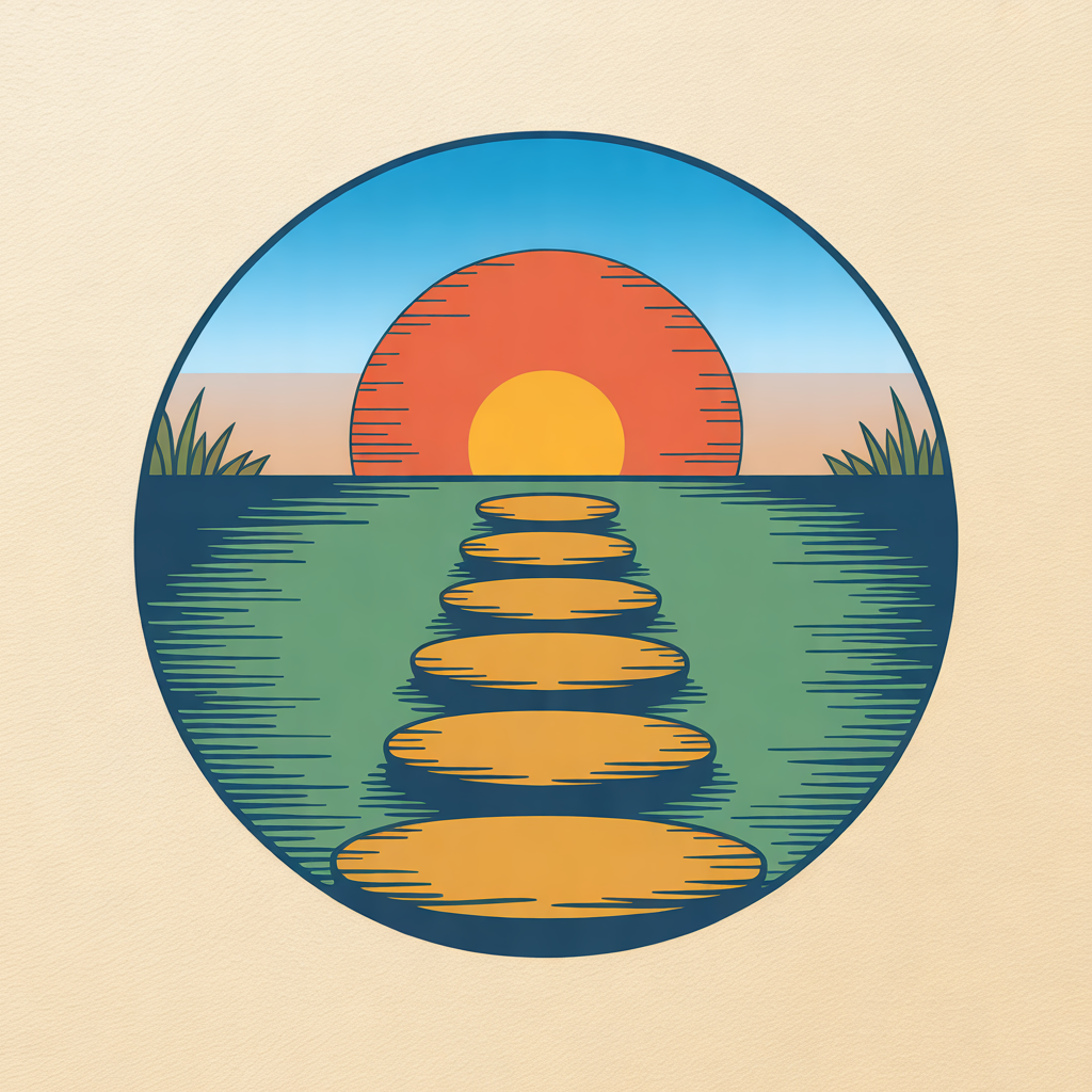 Illustration of stepping stones crossing calm water toward a rising sun