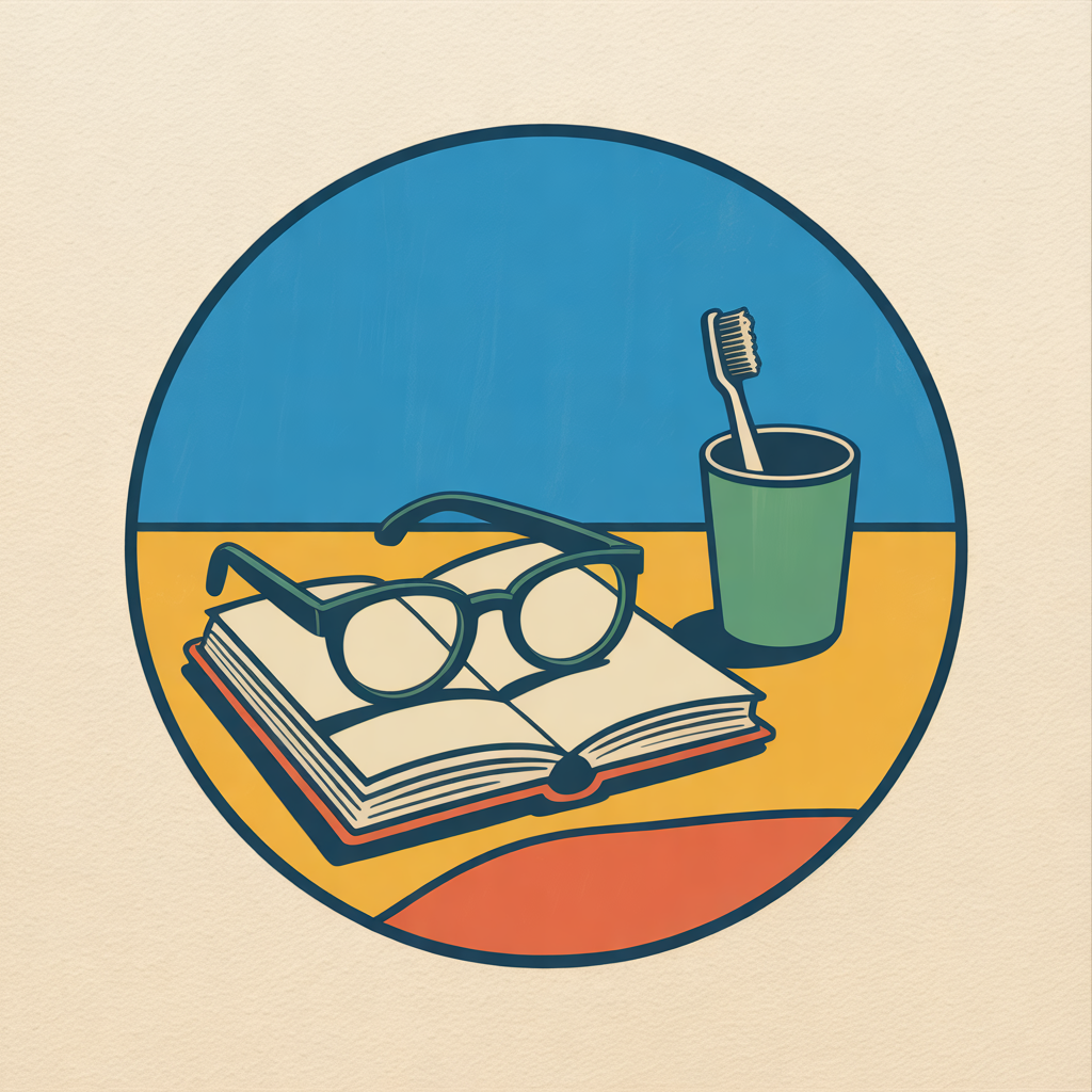 Illustration of reading glasses on an open book beside a toothbrush cup
