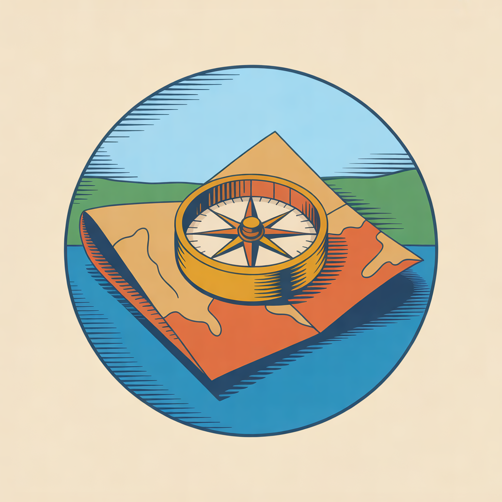 Illustration of a brass compass resting on a folded map