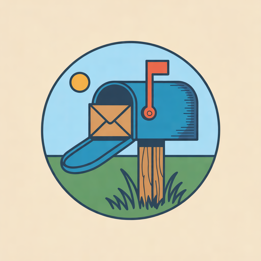 Illustration of a teal rural mailbox with its flag raised and a parcel inside