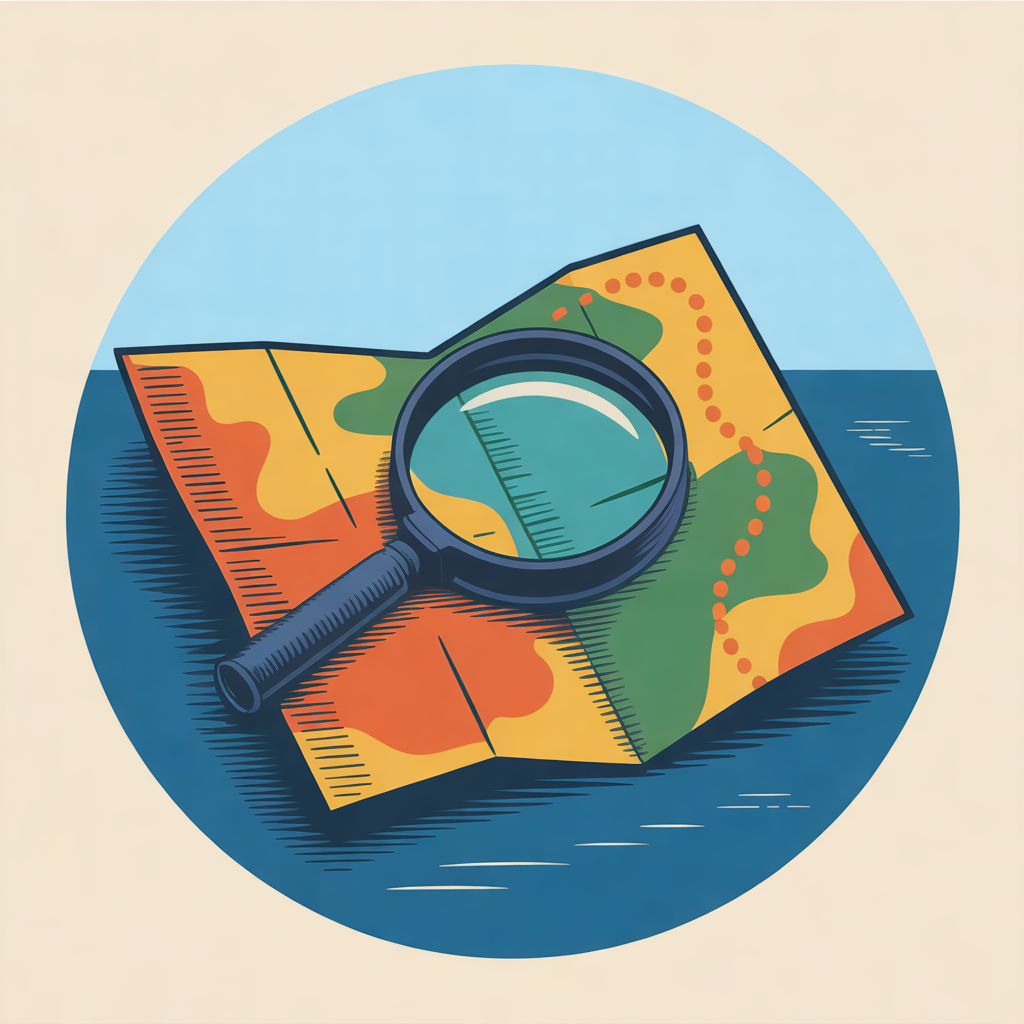 Illustration of a magnifying glass lying on an unfolded map with a dotted route