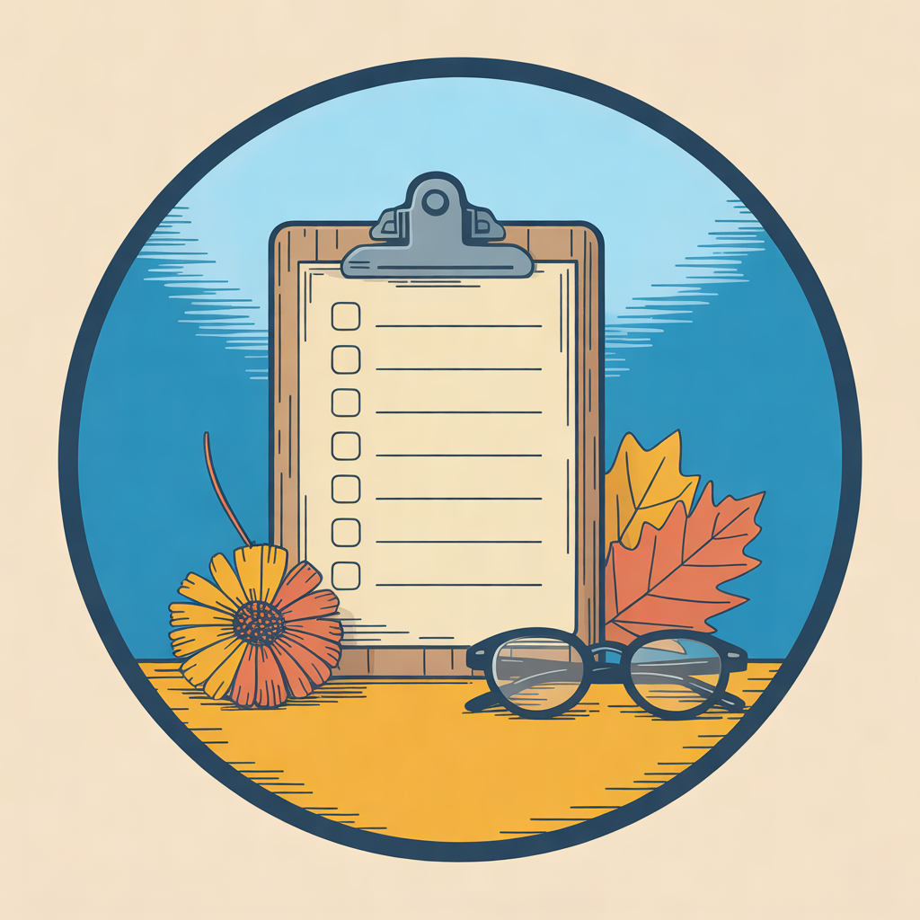 Illustration of a clipboard with a blank checklist, reading glasses and an autumn leaf
